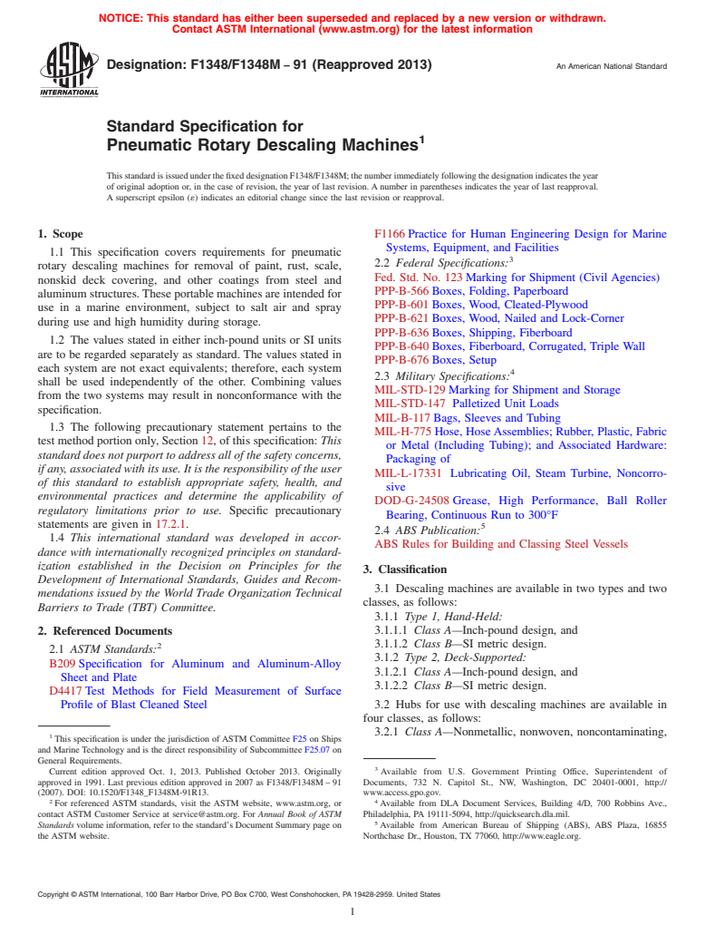 ASTM F1348/F1348M-91(2013) - Standard Specification for  Pneumatic Rotary Descaling Machines