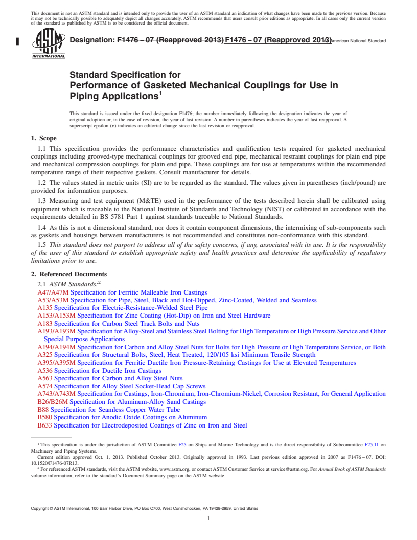 REDLINE ASTM F1476-07(2013) - Standard Specification for  Performance of Gasketed Mechanical Couplings for Use in Piping   Applications