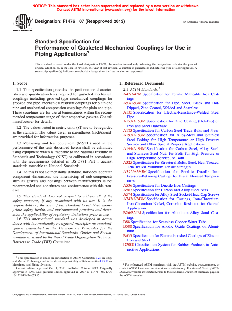 ASTM F1476-07(2013) - Standard Specification for  Performance of Gasketed Mechanical Couplings for Use in Piping   Applications