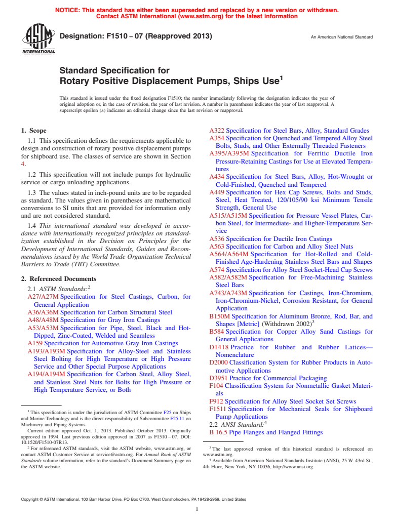 ASTM F1510-07(2013) - Standard Specification for  Rotary Positive Displacement Pumps, Ships Use