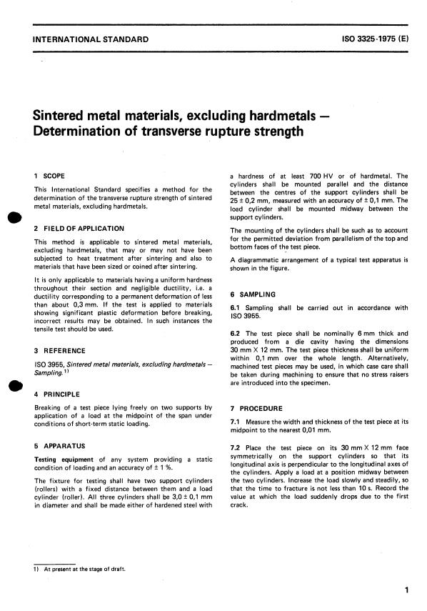 ISO 3325:1975 - Sintered metal materials, excluding hardmetals -- Determination of transverse rupture strength