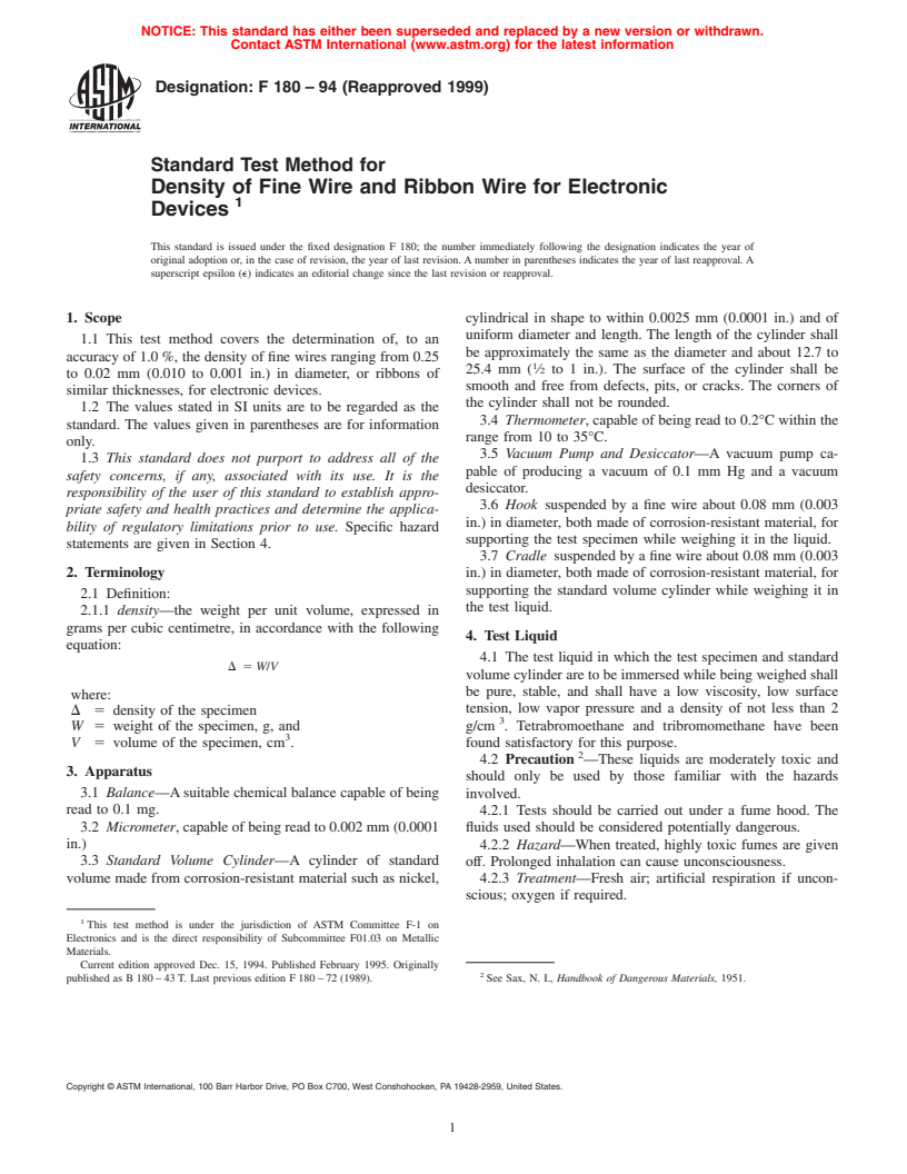 ASTM F180-94(1999) - Standard Test Method for Density of Fine Wire and Ribbon Wire for Electronic Devices