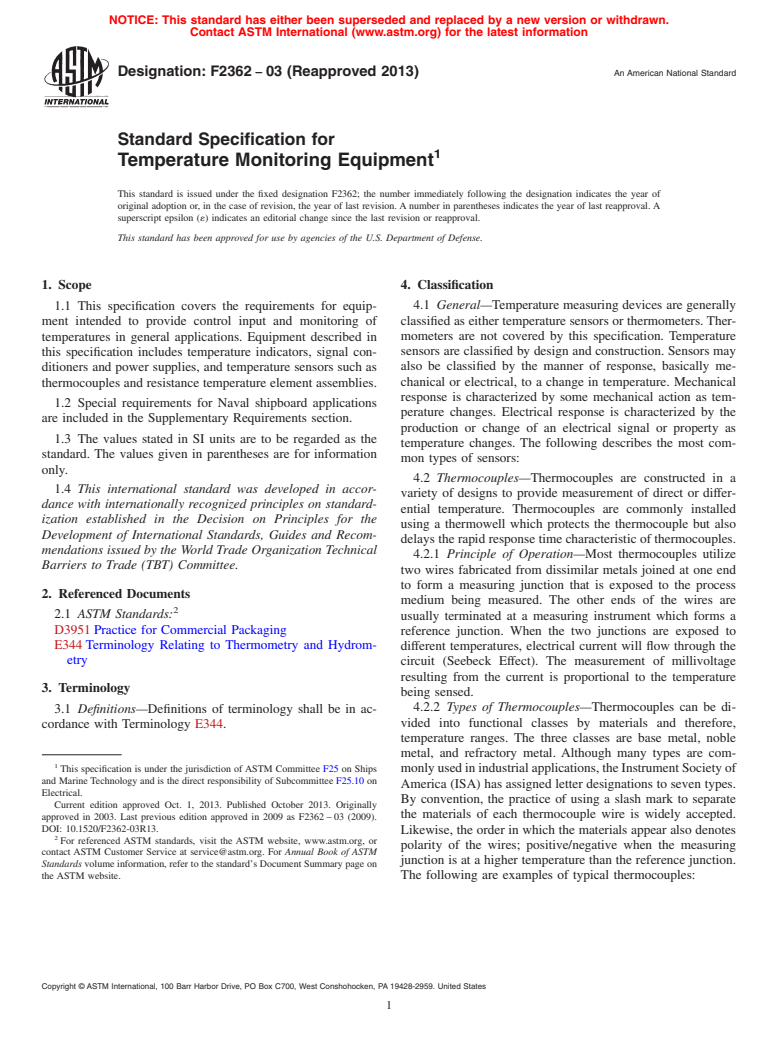 ASTM F2362-03(2013) - Standard Specification for  Temperature Monitoring Equipment