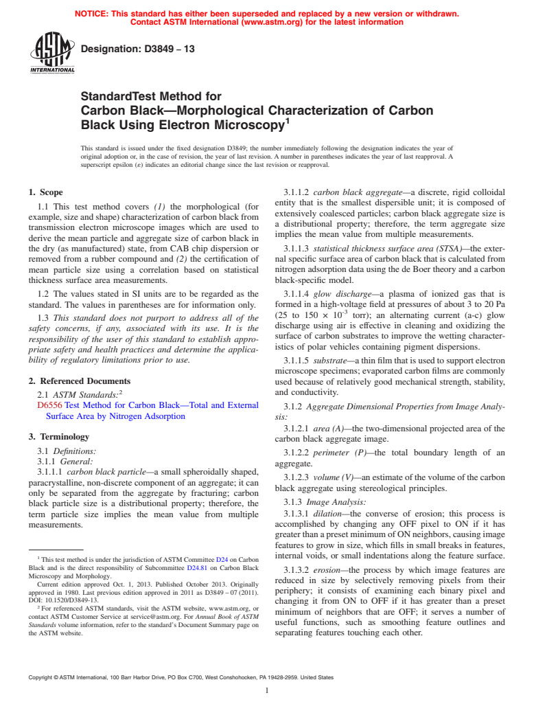 ASTM D3849-13 - Standard Test Method for  Carbon Black&mdash;Morphological Characterization of Carbon  Black Using Electron Microscopy