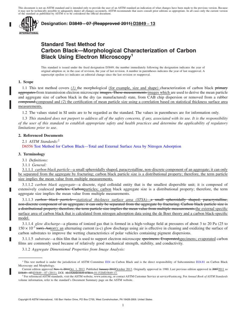 REDLINE ASTM D3849-13 - Standard Test Method for  Carbon Black&mdash;Morphological Characterization of Carbon  Black Using Electron Microscopy