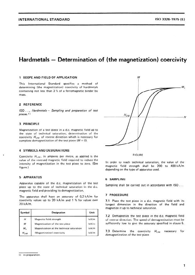 ISO 3326:1975 - Hardmetals -- Determination of (the magnetization) coercivity