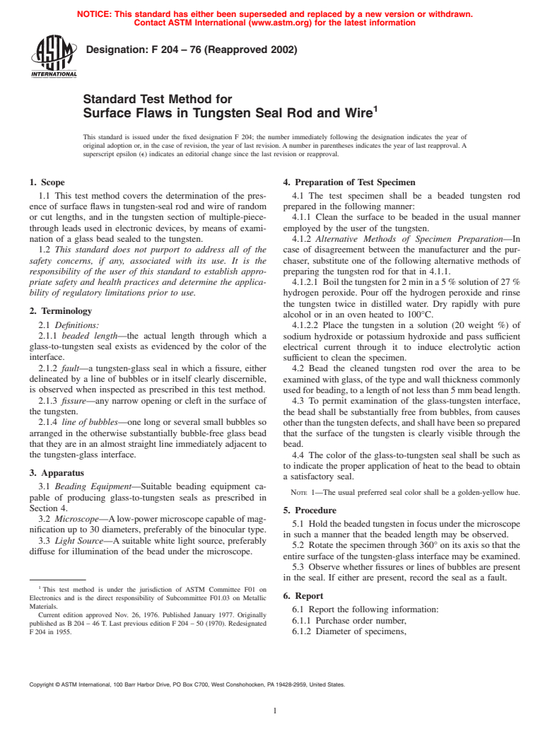 ASTM F204-76(2002) - Standard Test Method for Surface Flaws in Tungsten Seal Rod and Wire