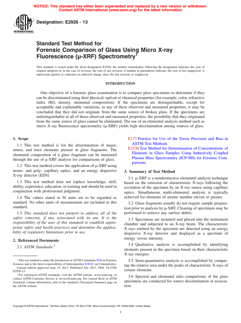 ASTM E2926-13 - Standard Test Method for Forensic Comparison of Glass Using Micro X-ray Fluorescence  (&micro;-XRF) Spectrometry