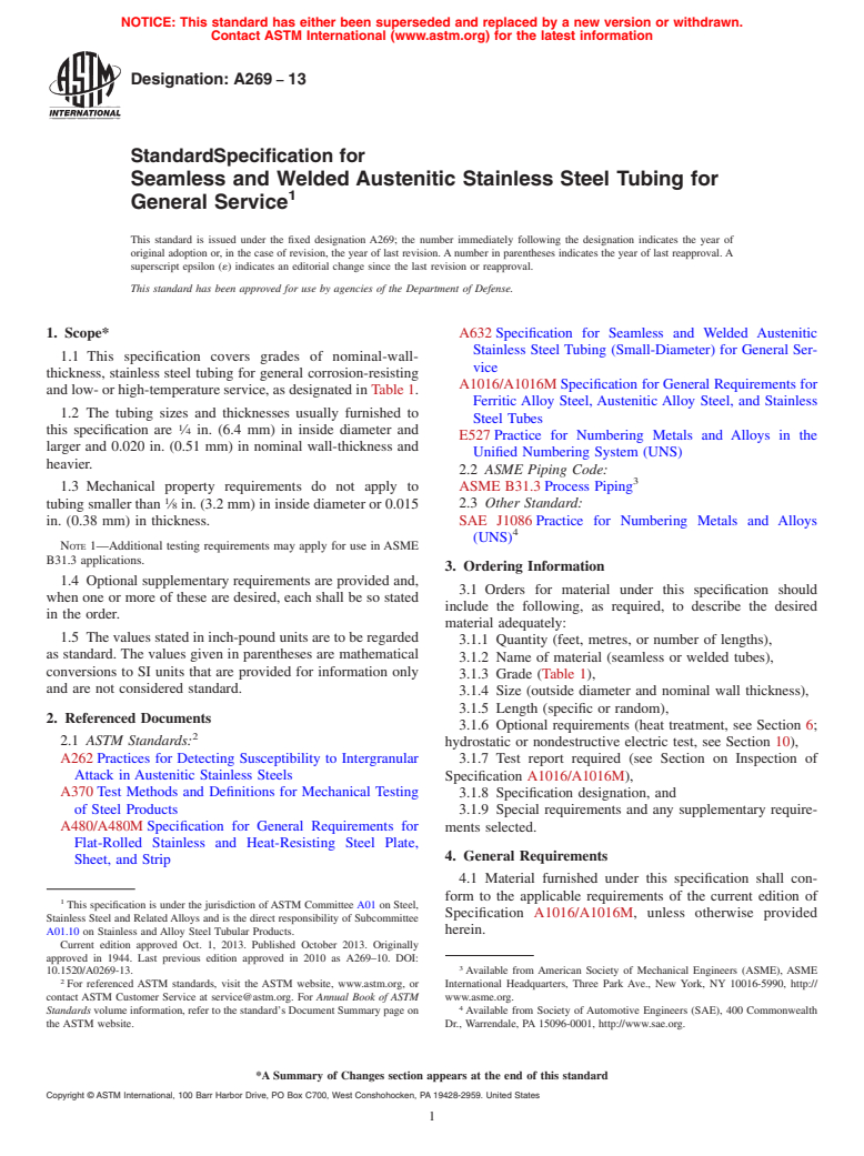 ASTM A269-13 - Standard Specification for Seamless and Welded Austenitic Stainless Steel Tubing for General Service