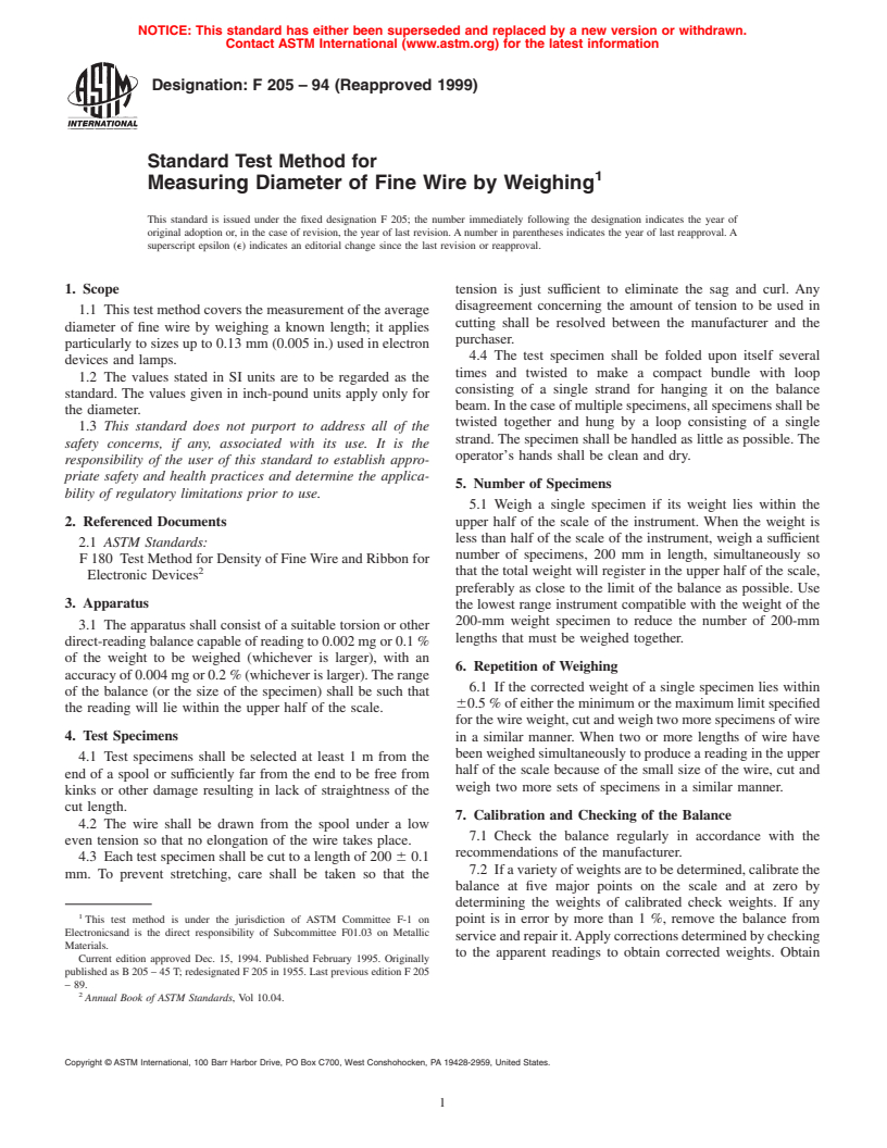 ASTM F205-94(1999) - Standard Test Method for Measuring Diameter of Fine Wire by Weighing