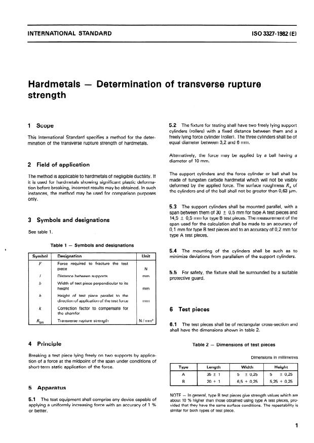 ISO 3327:1982 - Hardmetals -- Determination of transverse rupture strength