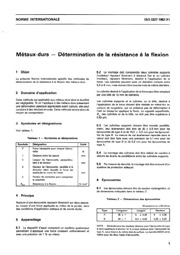 ISO 3327:1982 - Métaux-durs -- Détermination de la résistance a la flexion