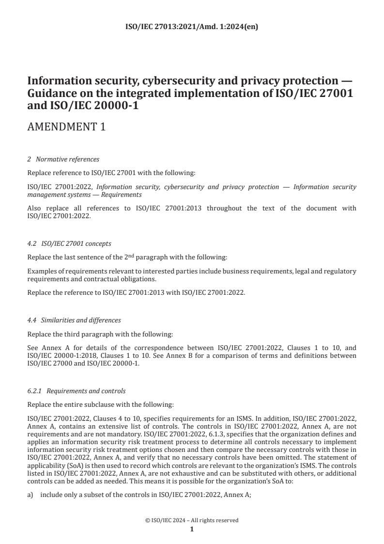 ISO/IEC 27013:2021/Amd 1:2024 - Information security, cybersecurity and privacy protection — Guidance on the integrated implementation of ISO/IEC 27001 and ISO/IEC 20000-1 — Amendment 1
Released:12/10/2024