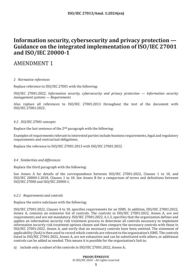 ISO/IEC 27013:2021/PRF Amd 1 - Information security, cybersecurity and privacy protection — Guidance on the integrated implementation of ISO/IEC 27001 and ISO/IEC 20000-1 — Amendment 1
Released:15. 10. 2024