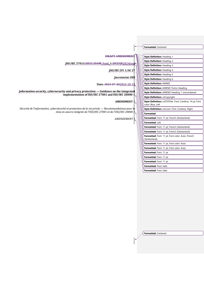 REDLINE ISO/IEC 27013:2021/PRF Amd 1 - Information security, cybersecurity and privacy protection — Guidance on the integrated implementation of ISO/IEC 27001 and ISO/IEC 20000-1 — Amendment 1
Released:15. 10. 2024
