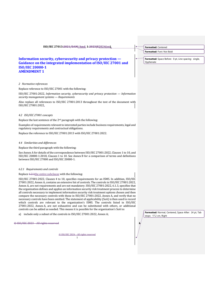 REDLINE ISO/IEC 27013:2021/PRF Amd 1 - Information security, cybersecurity and privacy protection — Guidance on the integrated implementation of ISO/IEC 27001 and ISO/IEC 20000-1 — Amendment 1
Released:15. 10. 2024