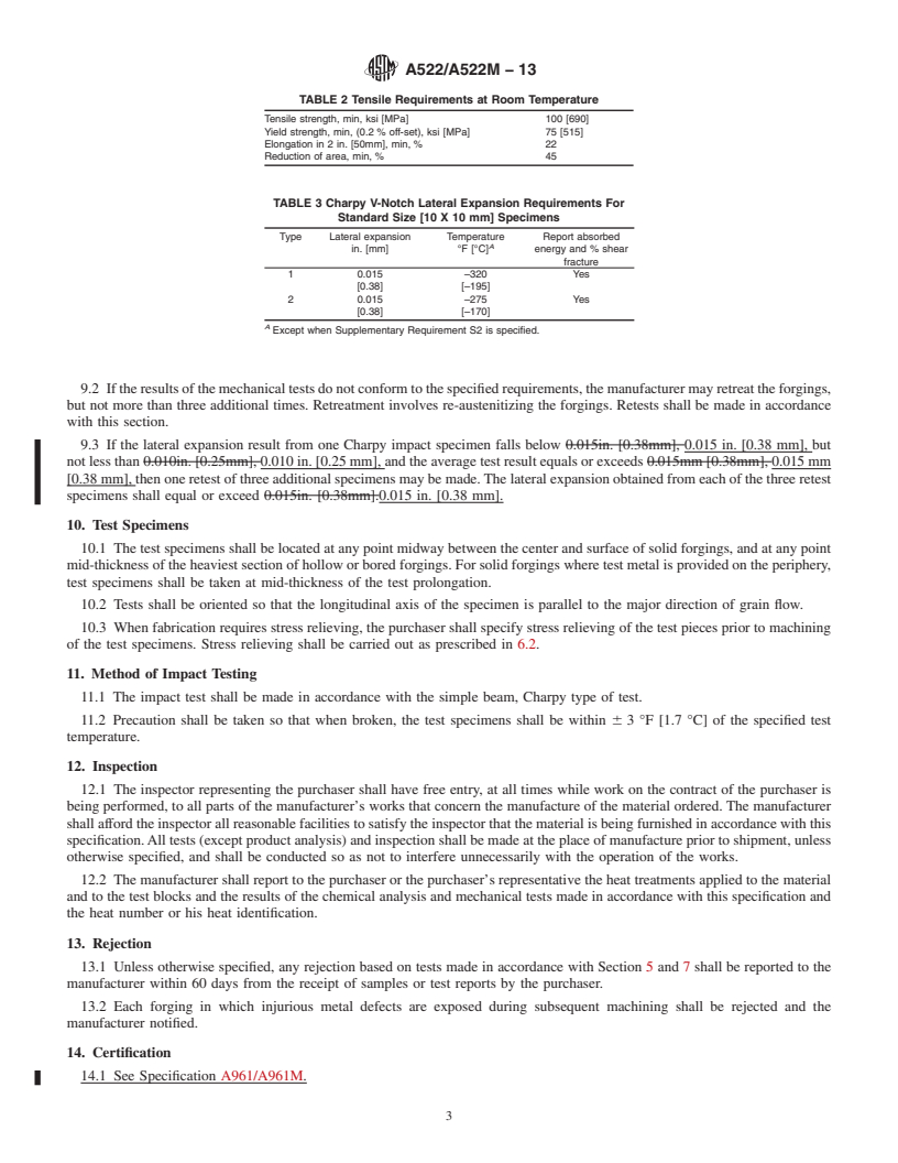 REDLINE ASTM A522/A522M-13 - Standard Specification for  Forged or Rolled 8 and 9% Nickel Alloy Steel Flanges, Fittings,   Valves, and Parts for Low-Temperature Service