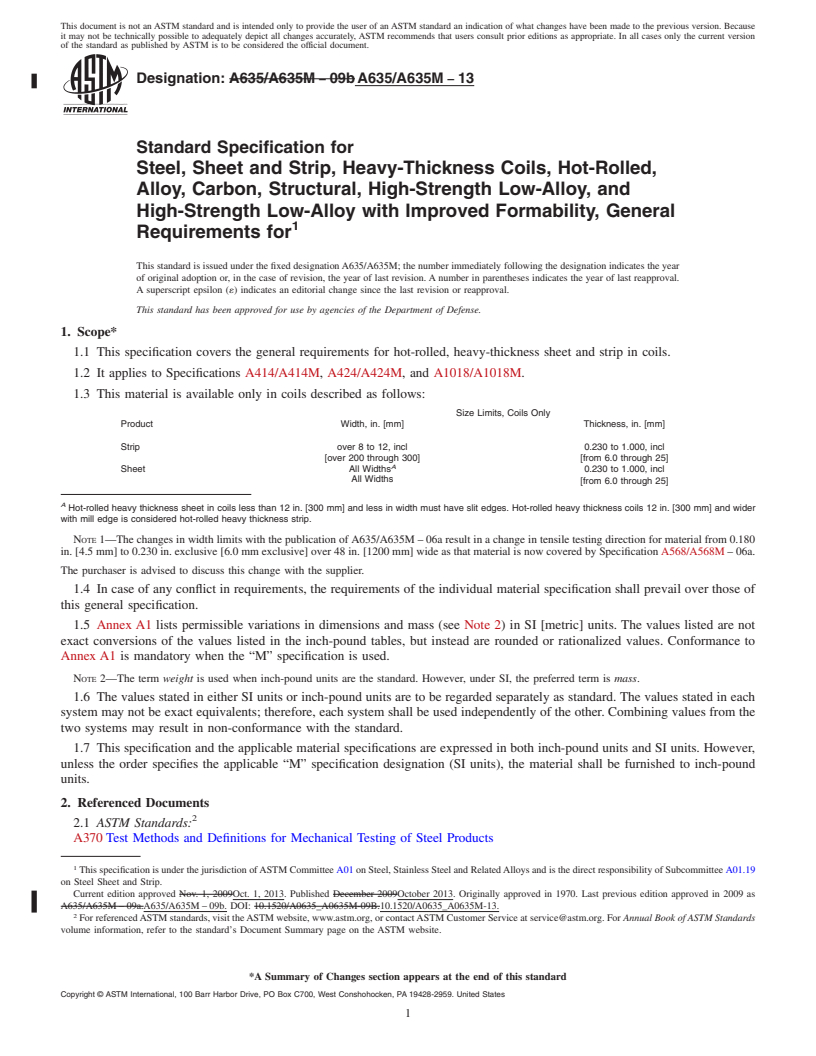 REDLINE ASTM A635/A635M-13 - Standard Specification for  Steel, Sheet and Strip, Heavy-Thickness Coils, Hot-Rolled,  Alloy, Carbon, Structural, High-Strength Low-Alloy, and High-Strength  Low-Alloy with Improved Formability, General Requirements for