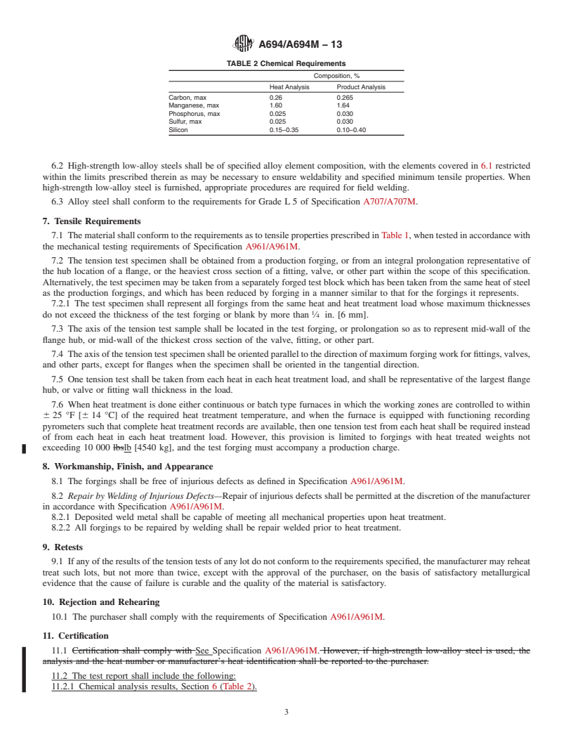 REDLINE ASTM A694/A694M-13 - Standard Specification for  Carbon and Alloy Steel Forgings for Pipe Flanges, Fittings,   Valves, and Parts for High-Pressure Transmission Service