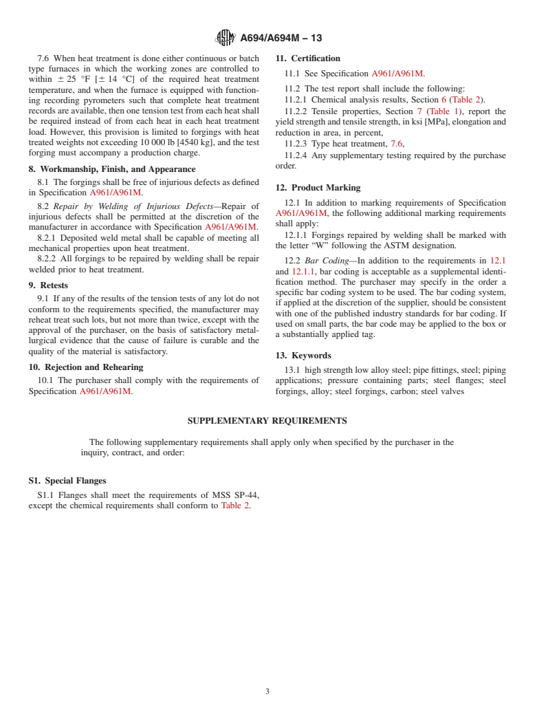 ASTM A694/A694M-13 - Standard Specification for  Carbon and Alloy Steel Forgings for Pipe Flanges, Fittings,   Valves, and Parts for High-Pressure Transmission Service