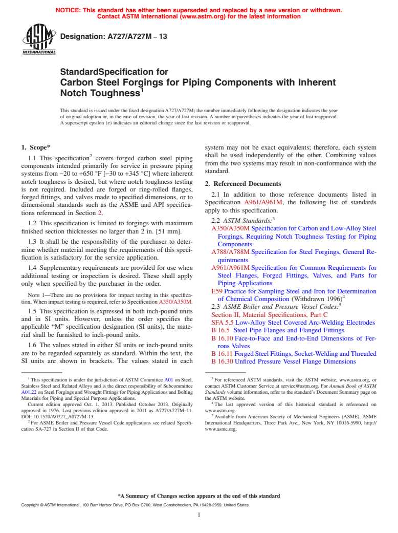 ASTM A727/A727M-13 - Standard Specification for  Carbon Steel Forgings for Piping Components with Inherent Notch   Toughness