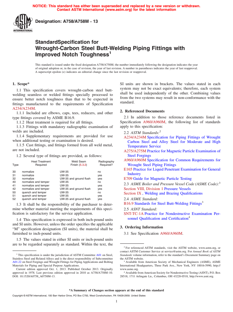 ASTM A758/A758M-13 - Standard Specification for  Wrought-Carbon Steel Butt-Welding Piping Fittings with Improved  Notch Toughness