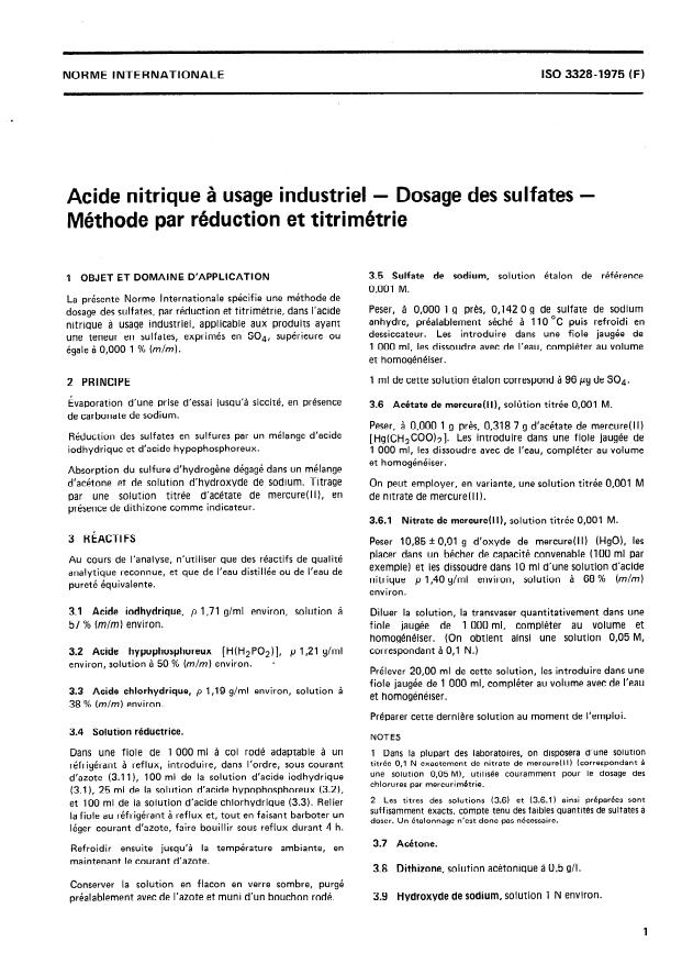 ISO 3328:1975 - Acide nitrique a usage industriel -- Dosage des sulfates -- Méthode par réduction et titrimétrie