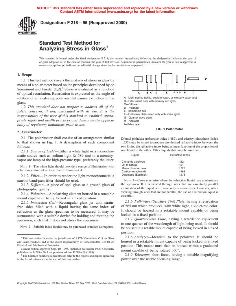 ASTM F218-95(2000) - Standard Test Method for Analyzing Stress in Glass
