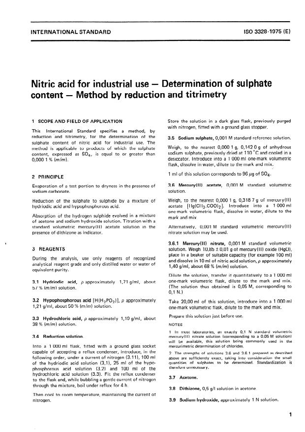 ISO 3328:1975 - Nitric acid for industrial use -- Determination of sulphate content -- Method by reduction and titrimetry