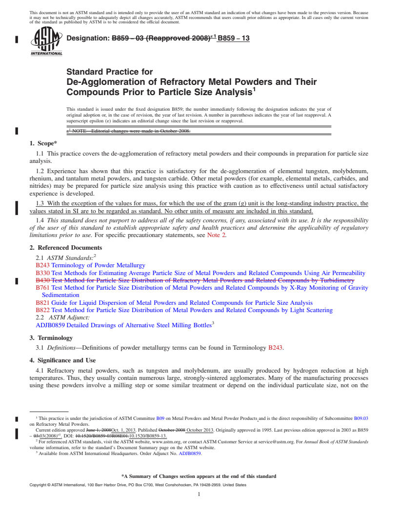 REDLINE ASTM B859-13 - Standard Practice for  De-Agglomeration of Refractory Metal Powders and Their Compounds   Prior to Particle Size Analysis