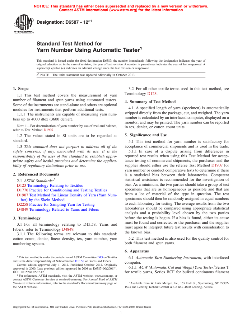 ASTM D6587-12e1 - Standard Test Method for  Yarn Number Using Automatic Tester