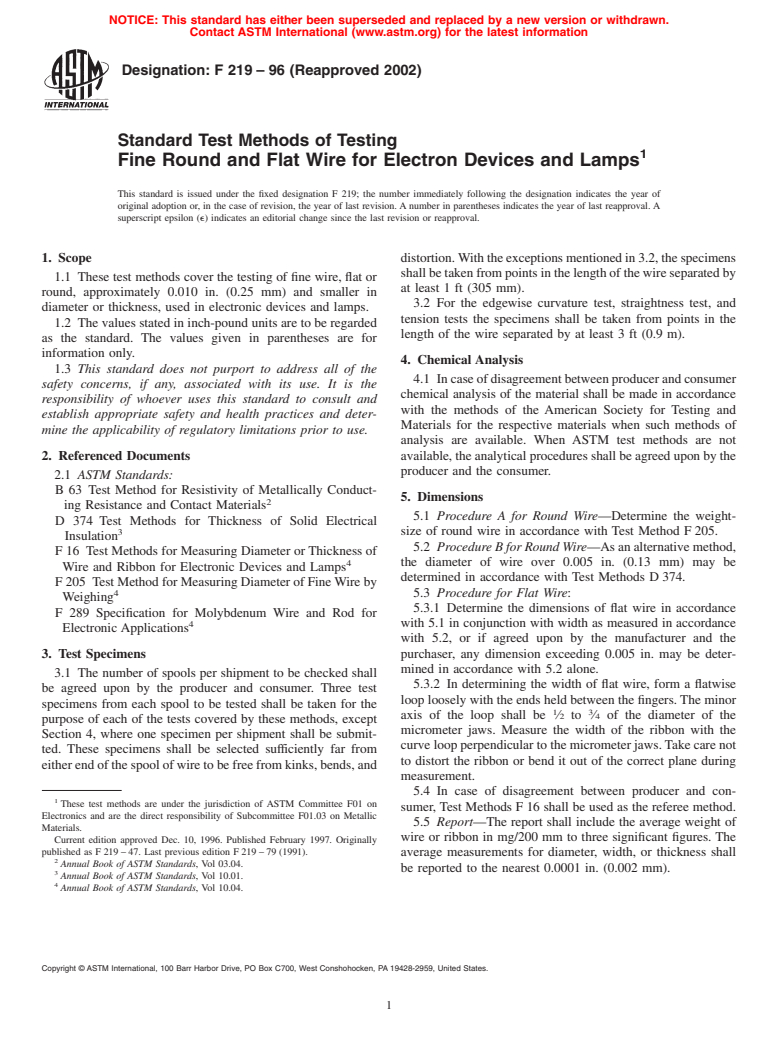 ASTM F219-96(2002) - Standard Test Methods of Testing Fine Round and Flat Wire for Electron Devices and Lamps