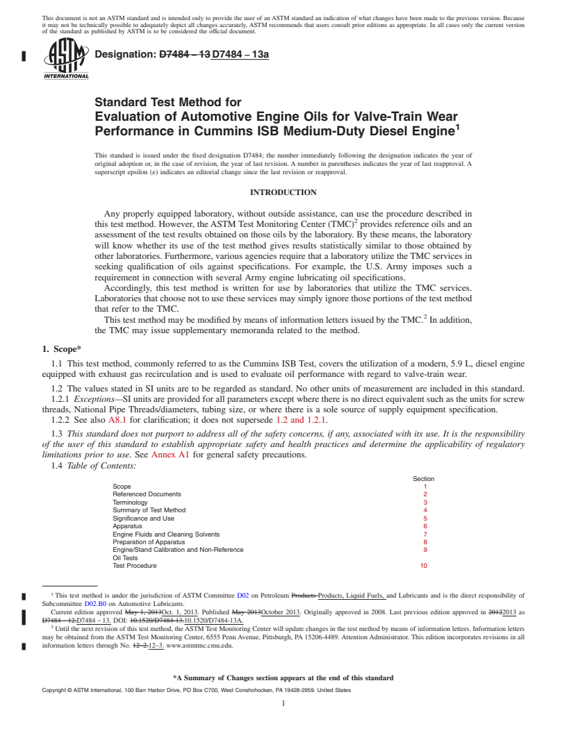 REDLINE ASTM D7484-13a - Standard Test Method for Evaluation of Automotive Engine Oils for Valve-Train Wear Performance  in Cummins ISB Medium-Duty Diesel Engine