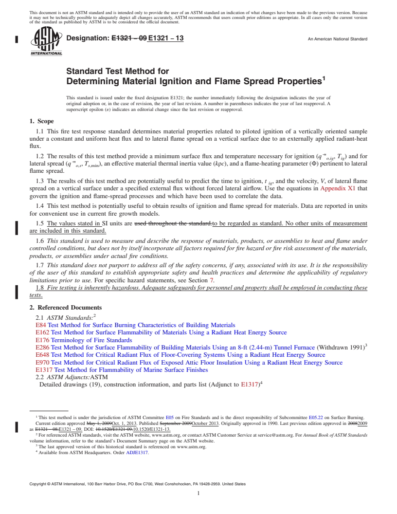 REDLINE ASTM E1321-13 - Standard Test Method for  Determining Material Ignition and Flame Spread Properties