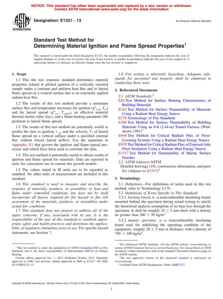 ASTM E1321-13 - Standard Test Method for  Determining Material Ignition and Flame Spread Properties