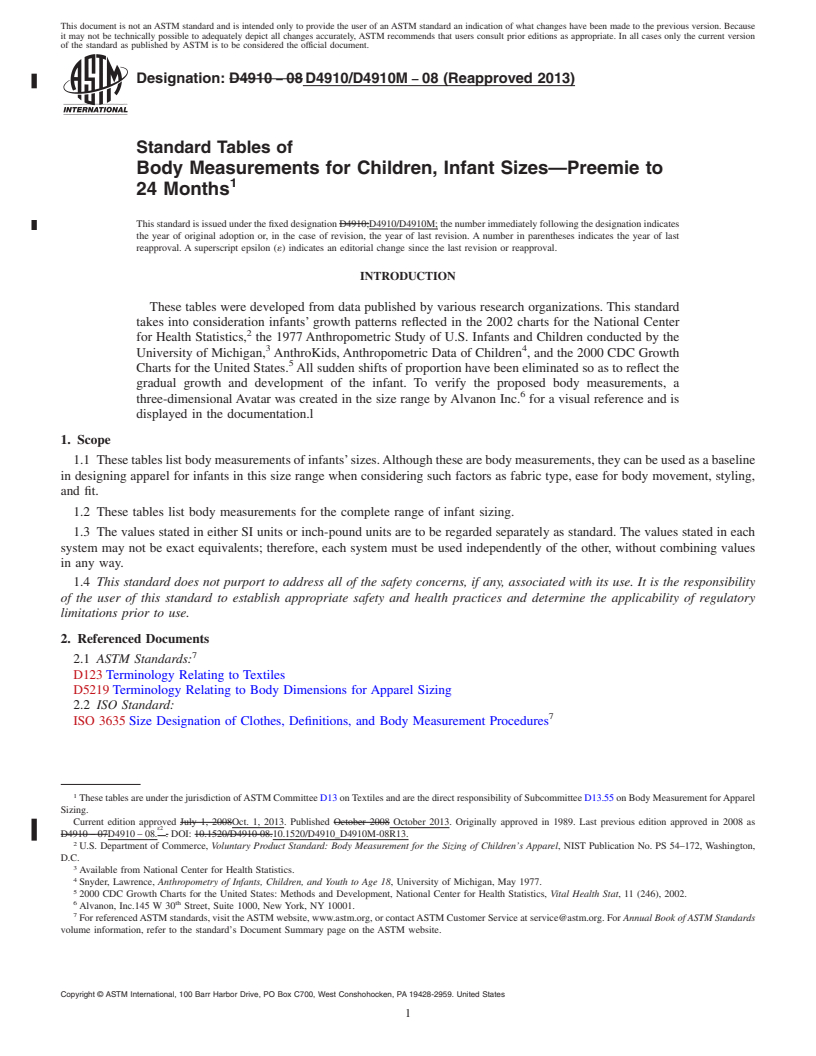 REDLINE ASTM D4910/D4910M-08(2013) - Standard Tables of  Body Measurements for Children, Infant Sizes<span class='unicode'>&#x2014;</span>Preemie to 24 Months