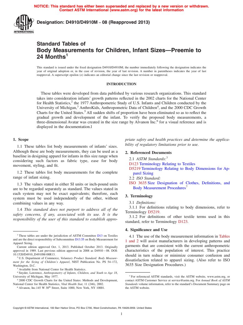 ASTM D4910/D4910M-08(2013) - Standard Tables of  Body Measurements for Children, Infant Sizes<span class='unicode'>&#x2014;</span>Preemie to 24 Months