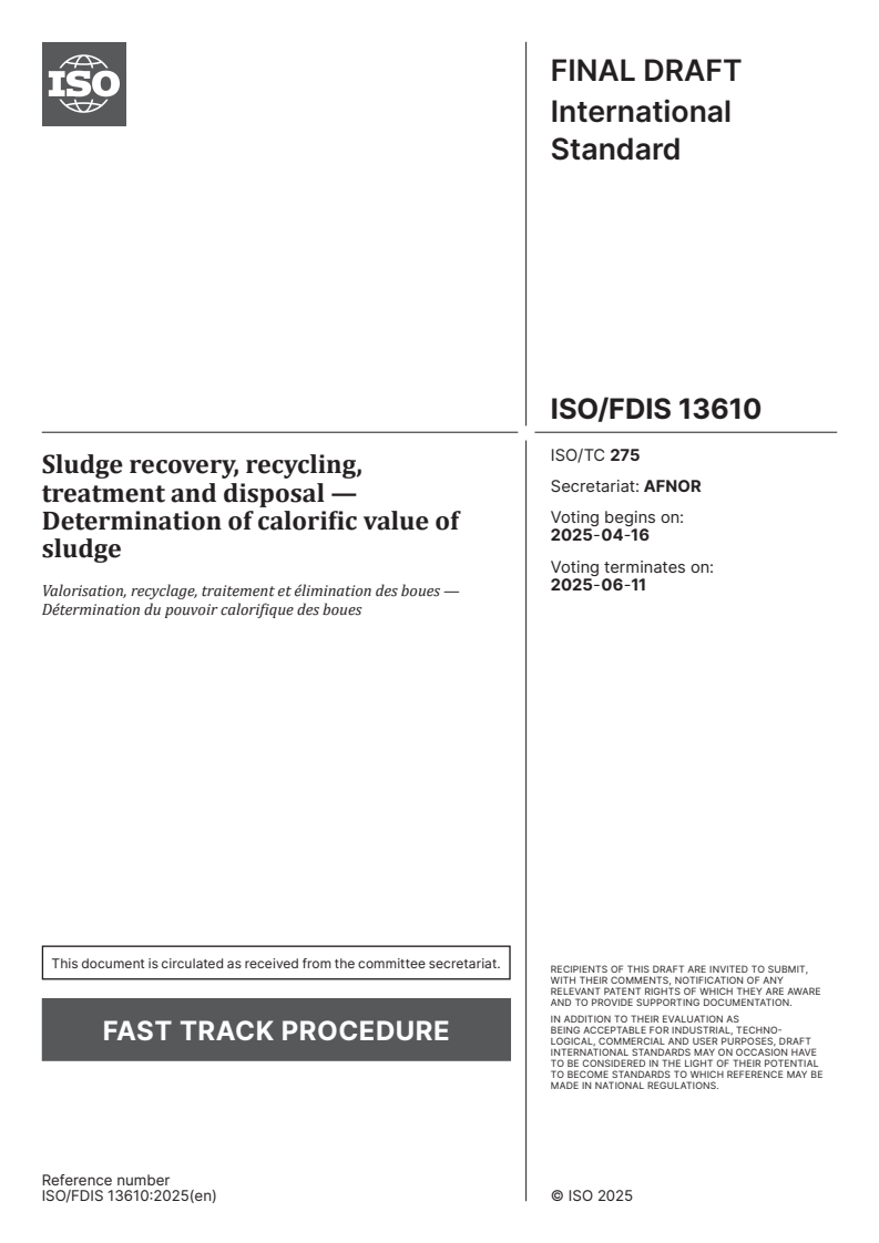 ISO/FDIS 13610 - Sludge recovery, recycling, treatment and disposal — Determination of calorific value of sludge
Released:2. 04. 2025