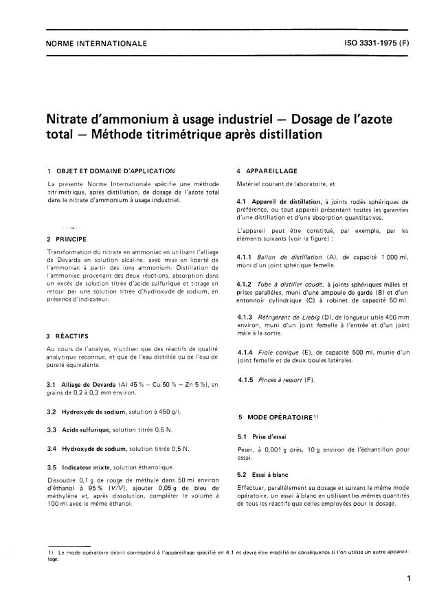 ISO 3331:1975 - Nitrate d'ammonium a usage industriel -- Dosage de l'azote total -- Méthode titrimétrique apres distillation