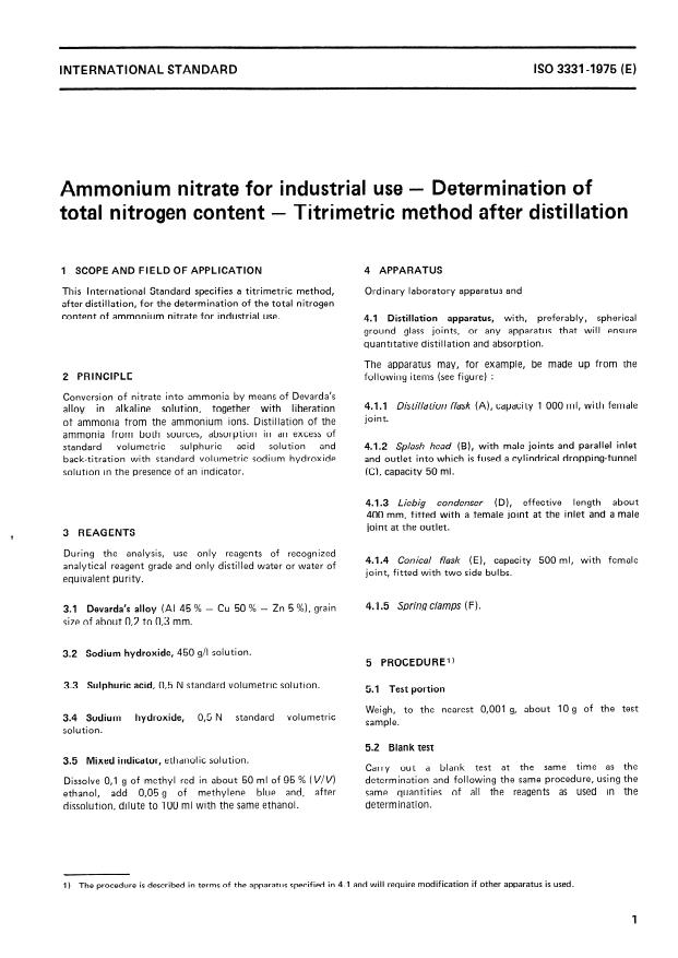 ISO 3331:1975 - Ammonium nitrate for industrial use -- Determination of total nitrogen content -- Titrimetric method after distillation