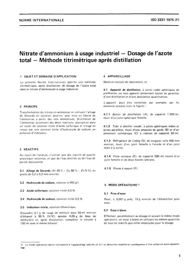 ISO 3331:1975 - Nitrate d'ammonium a usage industriel -- Dosage de l'azote total -- Méthode titrimétrique apres distillation