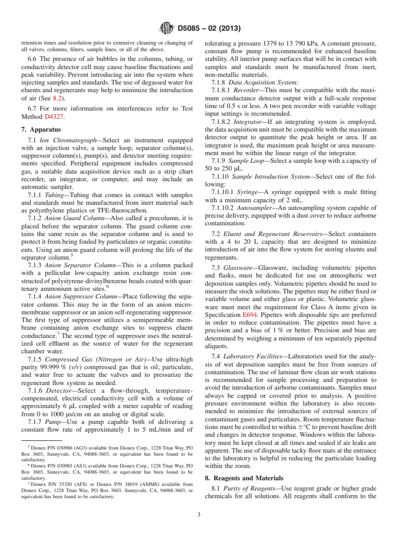 ASTM D5085-02(2013) - Standard Test Method for  Determination of Chloride, Nitrate, and Sulfate in Atmospheric  Wet Deposition by Chemically Suppressed Ion Chromatography