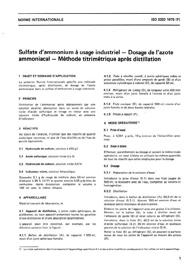 ISO 3332:1975 - Sulfate d'ammonium a usage industriel -- Dosage de l'azote ammoniacal -- Méthode titrimétrique apres distillation