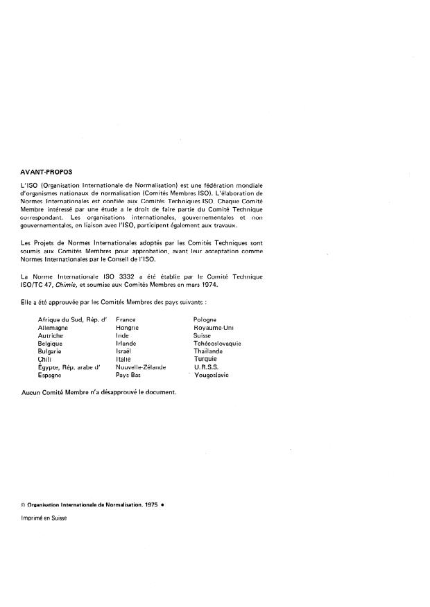 ISO 3332:1975 ISO 3332:1975 - Sulfate d'ammonium a usage industriel -- Dosage de l'azote ammoniacal -- Méthode titrimétrique apres distillation - Page 2 preview