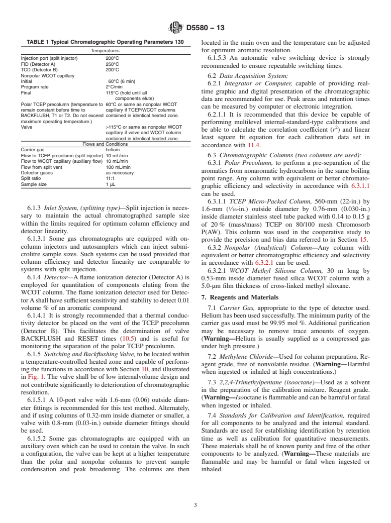 ASTM D5580-13 - Standard Test Method for  Determination of Benzene, Toluene, Ethylbenzene,  <emph  type="ital"> p/m</emph>-Xylene, <emph type="ital">o</emph>-Xylene,  C<inf>9</inf> and Heavier Aromatics, and Total Aromatics in Finished  Gasoline by Gas Chromatography