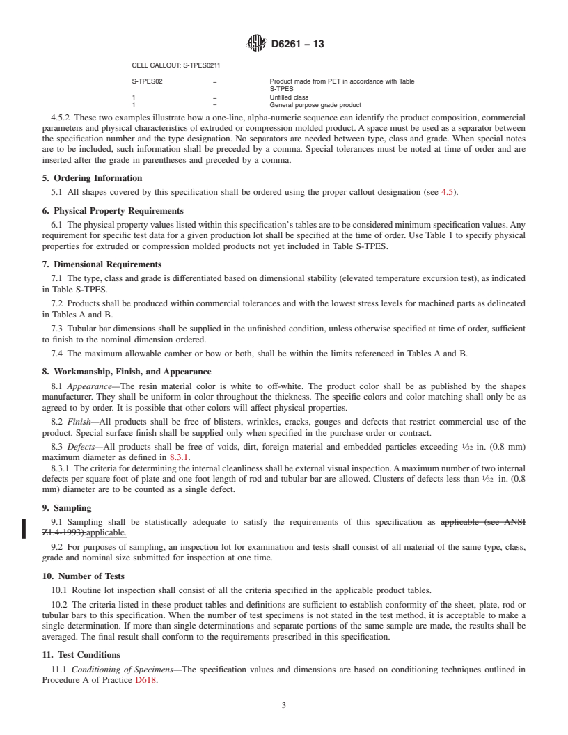 REDLINE ASTM D6261-13 - Standard Specification for  Extruded and Compression Molded Basic Shapes Made from Thermoplastic  Polyester (TPES)