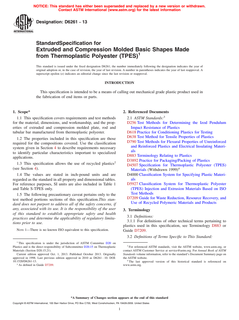 ASTM D6261-13 - Standard Specification for  Extruded and Compression Molded Basic Shapes Made from Thermoplastic  Polyester (TPES)