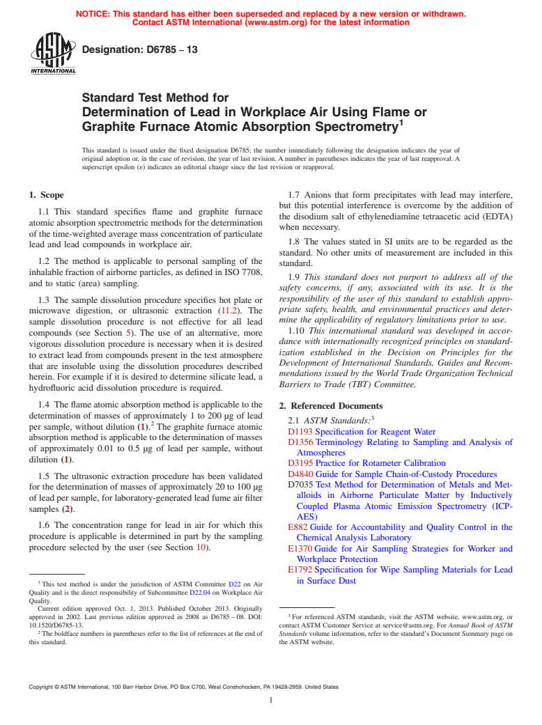 ASTM D6785-13 - Standard Test Method for  Determination of Lead in Workplace Air Using Flame or Graphite  Furnace Atomic Absorption Spectrometry