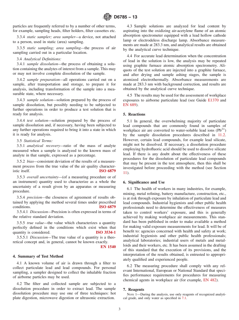 ASTM D6785-13 - Standard Test Method for  Determination of Lead in Workplace Air Using Flame or Graphite  Furnace Atomic Absorption Spectrometry