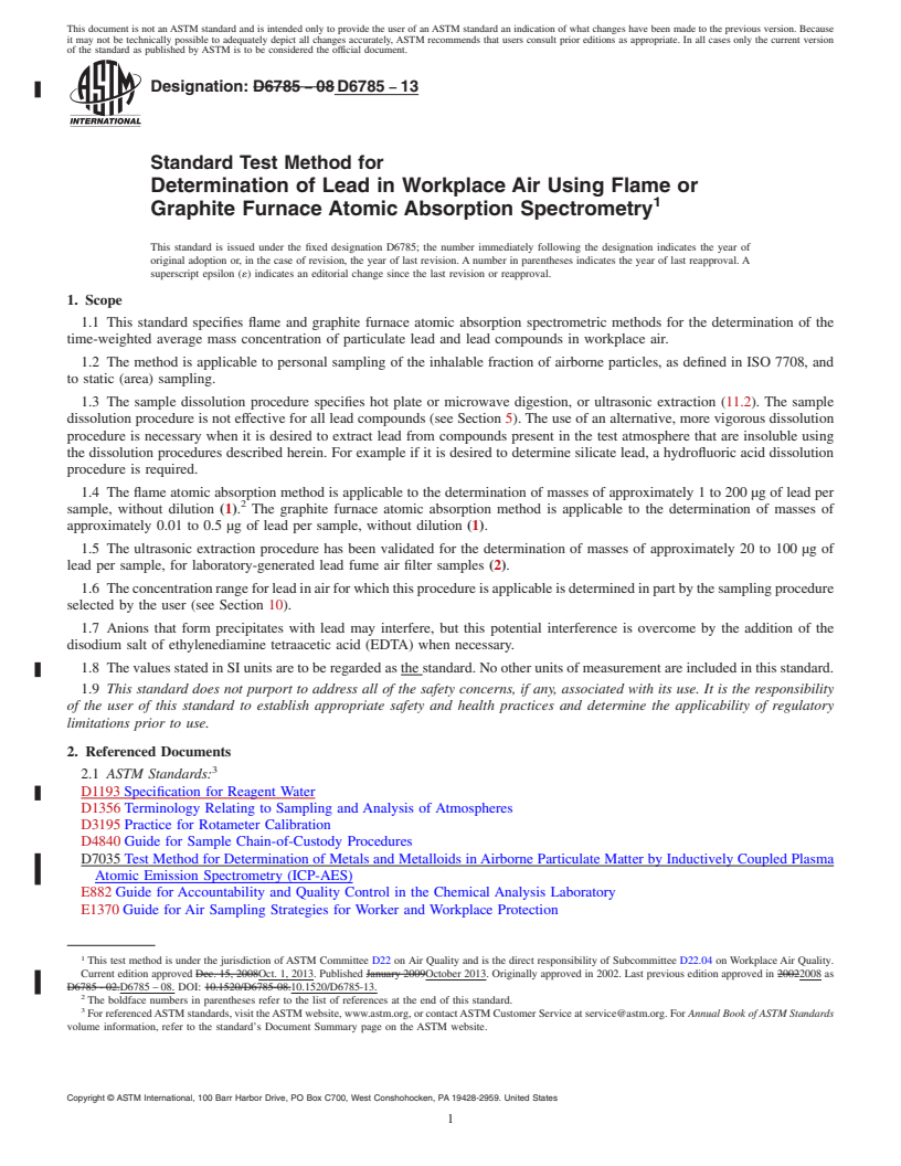 REDLINE ASTM D6785-13 - Standard Test Method for  Determination of Lead in Workplace Air Using Flame or Graphite  Furnace Atomic Absorption Spectrometry